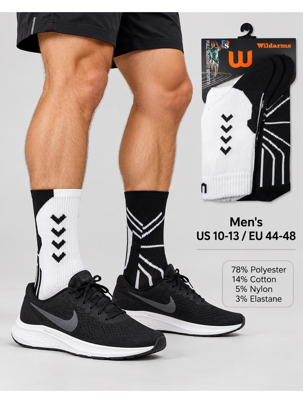Wildarms men's crew socks black and white size US 10 to 13 EU 44 to 48